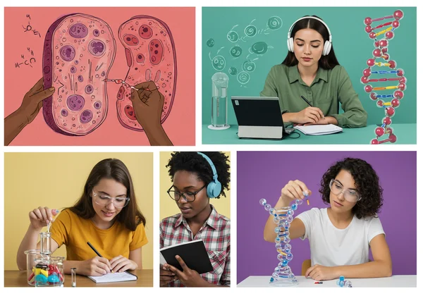 Diverse students applying visual,kinesthetic science methods.