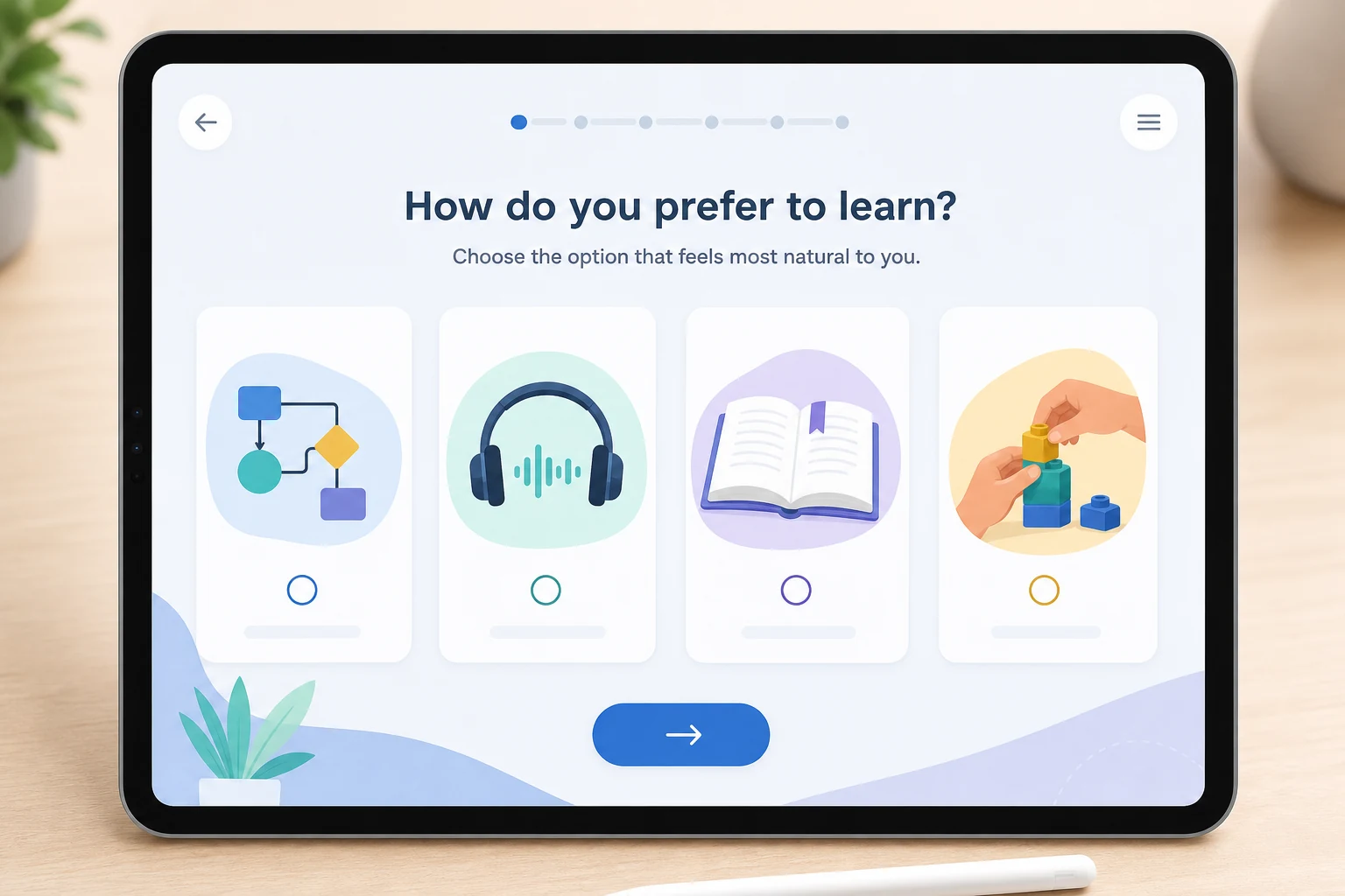 Learning preference quiz screen