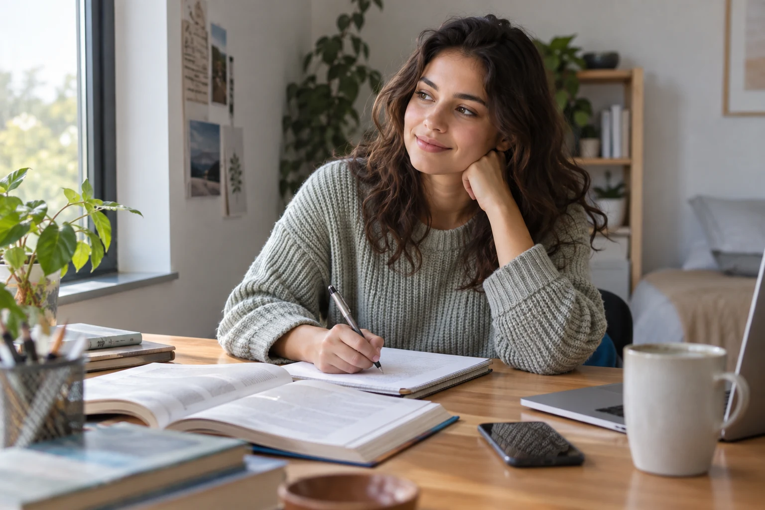 Student reflecting beside study notes